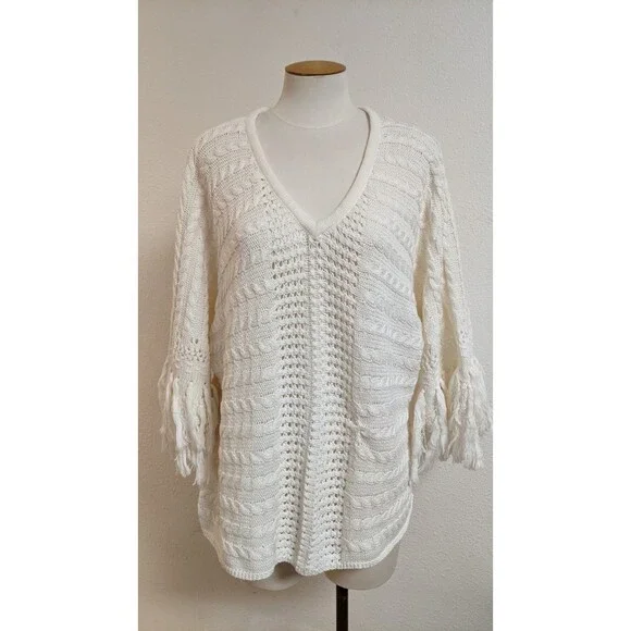Women's CAbi #5803 Cream Fringe Fiesta Poncho Sweater Top Small EXCELLENT!! - Picture 2 of 12
